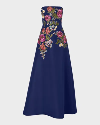 Carolina Herrera Strapless Floral-embroidered Silk Gown In Blue