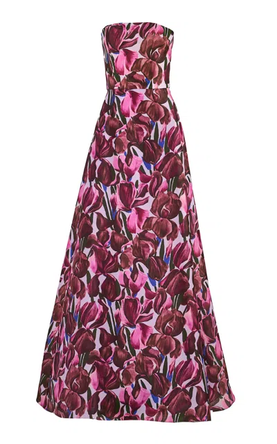 Carolina Herrera Strapless Iris Print Silk Gazar Gown In Purple