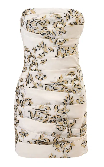 Carolina Herrera Strapless Lurex Trellis Jacquard Mini Dress In White