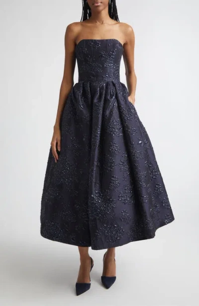 Carolina Herrera Strapless Metallic Floral Jacquard Midi Dress In Blue