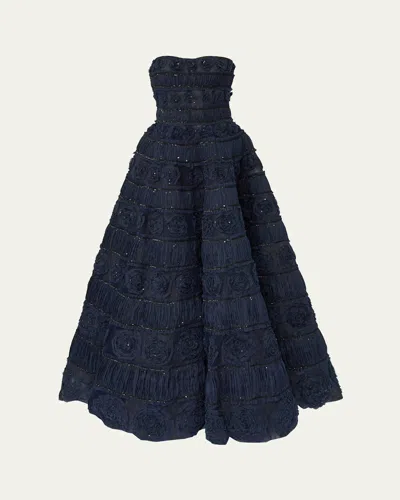 Carolina Herrera Strapless Rose Embroidered Ball Gown In Blue