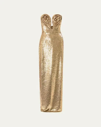 Carolina Herrera Strapless Rose Sequined Gown In Gold