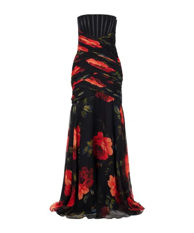 Carolina Herrera Strapless Ruched Floral-printed Silk-chiffon Gown In Black