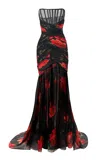 Carolina Herrera Strapless Stemmed-rose-printed Chiffon Gown In Black