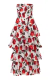 Carolina Herrera Strapless Stemmed-rose-printed Stretch-cotton Dress In White