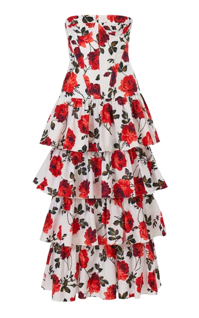 Carolina Herrera Strapless Stemmed-rose-printed Stretch-cotton Dress In White