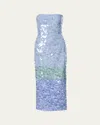 Carolina Herrera Strapless Stripe Sequined Midi Dress In Celeste Multi
