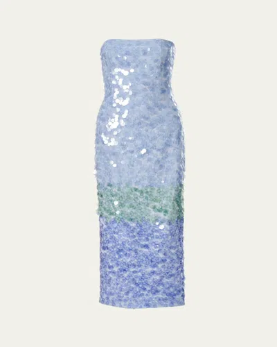 Carolina Herrera Strapless Stripe Sequined Midi Dress In Celeste Multi