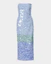 Carolina Herrera Strapless Stripe Sequined Midi Dress In Celeste Multi