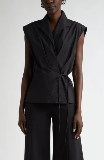 Carolina Herrera Pleated Cotton-blend Poplin Wrap Top In Black
