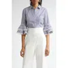 Carolina Herrera Stripe Tiered Ruffle Sleeve Belted Poplin Shirtdress In Multi