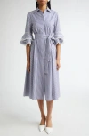 Carolina Herrera Stripe Tiered Ruffle Sleeve Belted Poplin Shirtdress In Multi