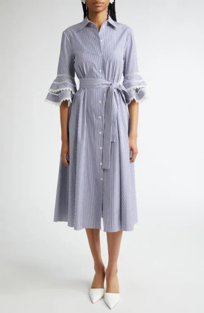 CAROLINA HERRERA CAROLINA HERRERA STRIPE TIERED RUFFLE SLEEVE BELTED POPLIN SHIRTDRESS