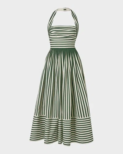 Carolina Herrera Striped Cotton Pleated Halter Midi Dress In Green