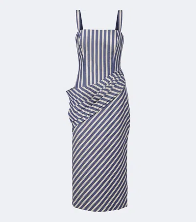 Carolina Herrera Striped Draped Cotton Cocktail Dress In Blue