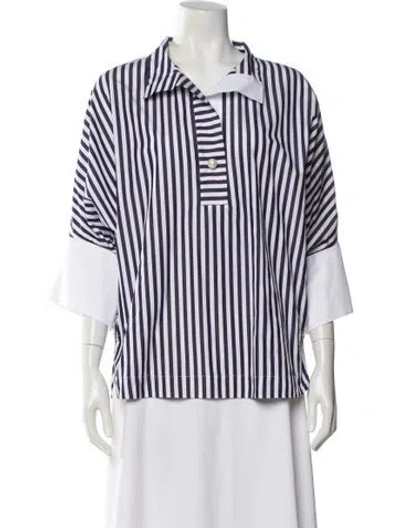 Pre-owned Carolina Herrera Striped Short Sleeve Blouse In Blue
