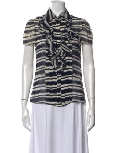 Pre-owned Carolina Herrera Striped Short Sleeve Blouse In Blue