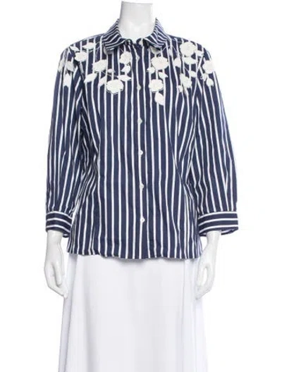 Pre-owned Carolina Herrera Striped Three-quarter Sleeve Blouse In Blue