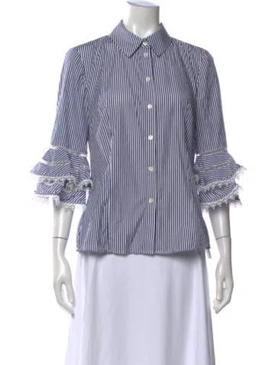 Pre-owned Carolina Herrera Striped Three-quarter Sleeve Blouse In Blue/white