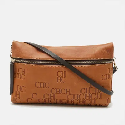 Pre-owned Carolina Herrera Tan/brown Monogram Embossed Leather Slim Crossbody Bag
