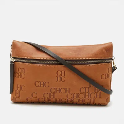 Carolina Herrera Tan/brown Monogram Embossed Leather Slim Crossbody Bag In Multi