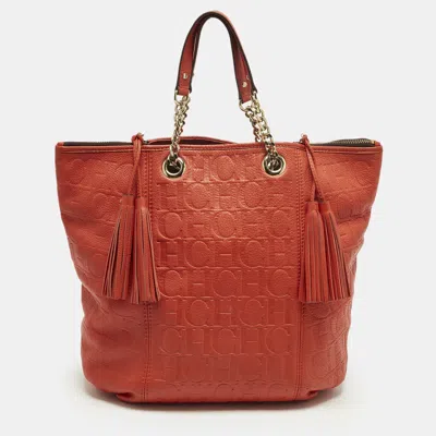Pre-owned Carolina Herrera Tassel Coral Red Monogram Embossed Leather Tote