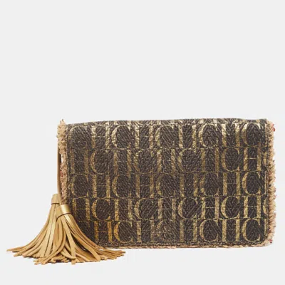 Pre-owned Carolina Herrera Tassel Flap Gold/brown Monogram Raffia Clutch