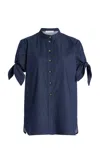 Carolina Herrera Tie-detailed Cotton Chambray Shirt In Navy