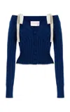 Carolina Herrera Tie-detailed Knit Cotton-wool Off-the-shoulder Cardigan In Navy