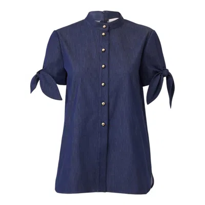 Carolina Herrera Tie Sleeve Collarless Button Down Top In Blue