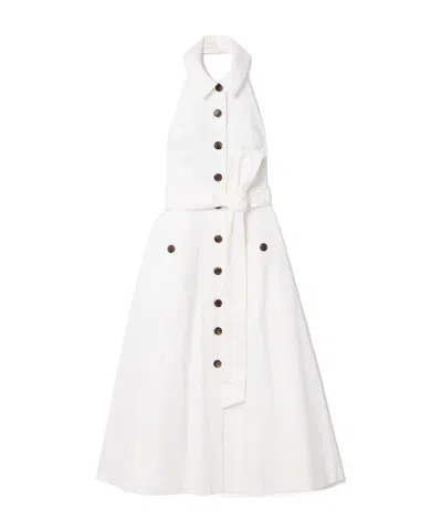 Carolina Herrera Belted Cotton-blend Sateen Halterneck Midi Shirt Dress In White