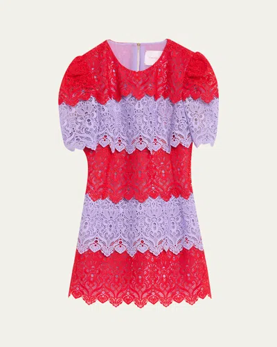 Carolina Herrera Tiered Colorblock Lace Short-sleeve Mini Dress In Multi