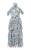Carolina Herrera Tiered Garden Floral Chiffon Midi Dress In Blue