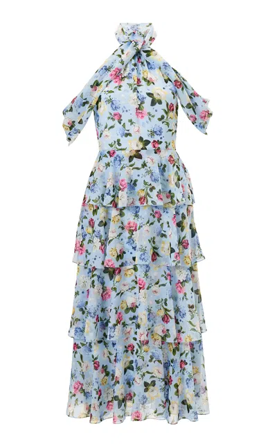 Carolina Herrera Tiered Garden Floral Chiffon Midi Dress In Blue