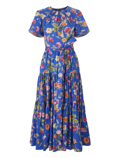 Carolina Herrera Poppy Print Tiered Stretch Cotton Midi Dress In Blue