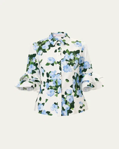 Carolina Herrera Tiered Ruffle Sleeve Button-down Shirt In White Multi