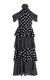 Carolina Herrera Polka Dot Halter Neck Tiered Silk Midi Dress In Black