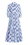Carolina Herrera Floral Print Tiered Stretch Cotton Shirtdress In White