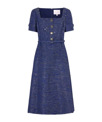 Carolina Herrera Belted Metallic Cotton-blend Tweed Midi Dress In Blue