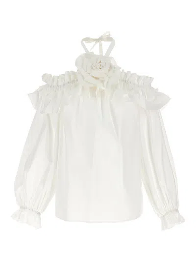 Carolina Herrera Halterneck Ruffled Top Floral Embellishment In White