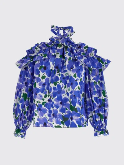 Carolina Herrera Flower Top With Puffed Sleeves And Ruffled Neckline In Blue
