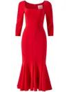 Carolina Herrera Square-neck 3/4-sleeve Midi Trumpet Dress In Red