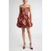 Carolina Herrera Tulip Print Pleated Draped Minidress In Burgundy