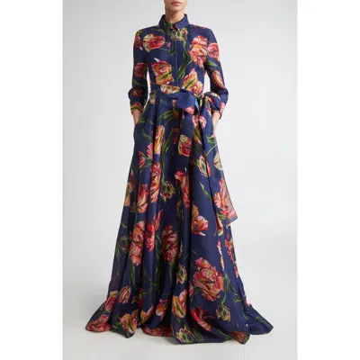 Carolina Herrera Tulip Print Silk Gazar Trench Gown In Multi
