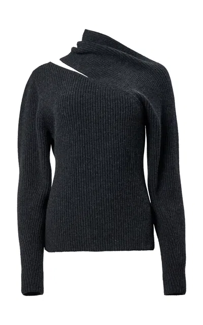 Carolina Herrera Turtleneck Midweight Wool Rib Sweater In Gray