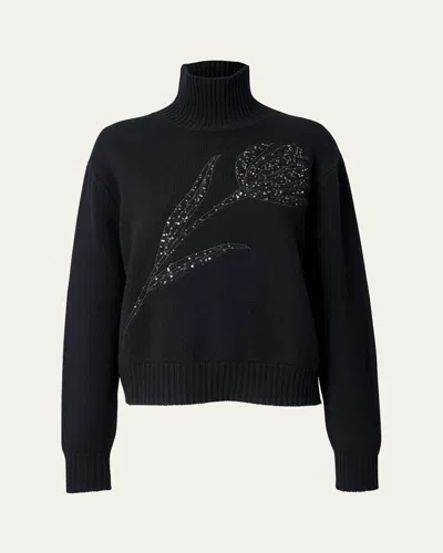CAROLINA HERRERA TURTLENECK PAILLETTE ROSE WOOL-CASHMERE SWEATER