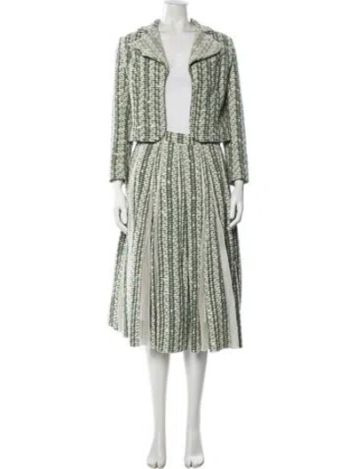 Pre-owned Carolina Herrera Tweed Pattern Mesh Accents Skirt Set In Green