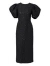 Carolina Herrera Tweed Puff-sleeve Midi Dress In Black