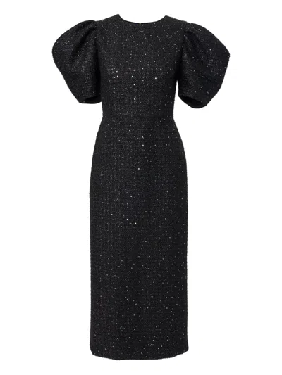 Carolina Herrera Tweed Puff-sleeve Midi Dress In Black