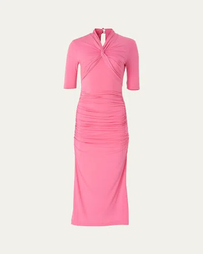 CAROLINA HERRERA TWISTED-NECK RUCHED MIDI DRESS